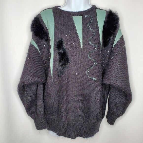 Vintage Black Acrylic Mohair Sweater Sz L 80s Abstract Rabbit Fur Faux Pearls - Picture 1 of 6